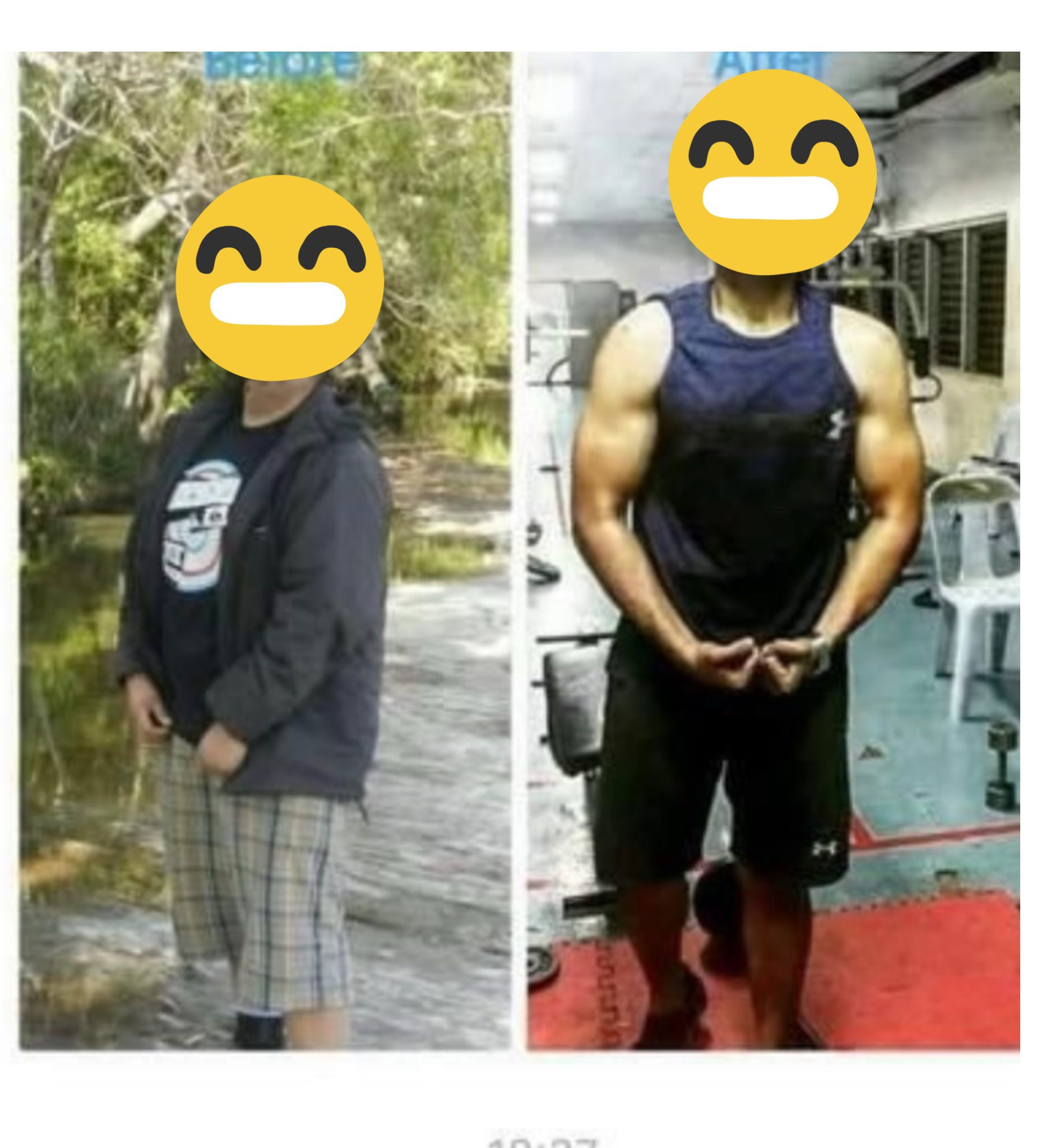 Client dramatic before and after — from overweight to muscular through fasting and training